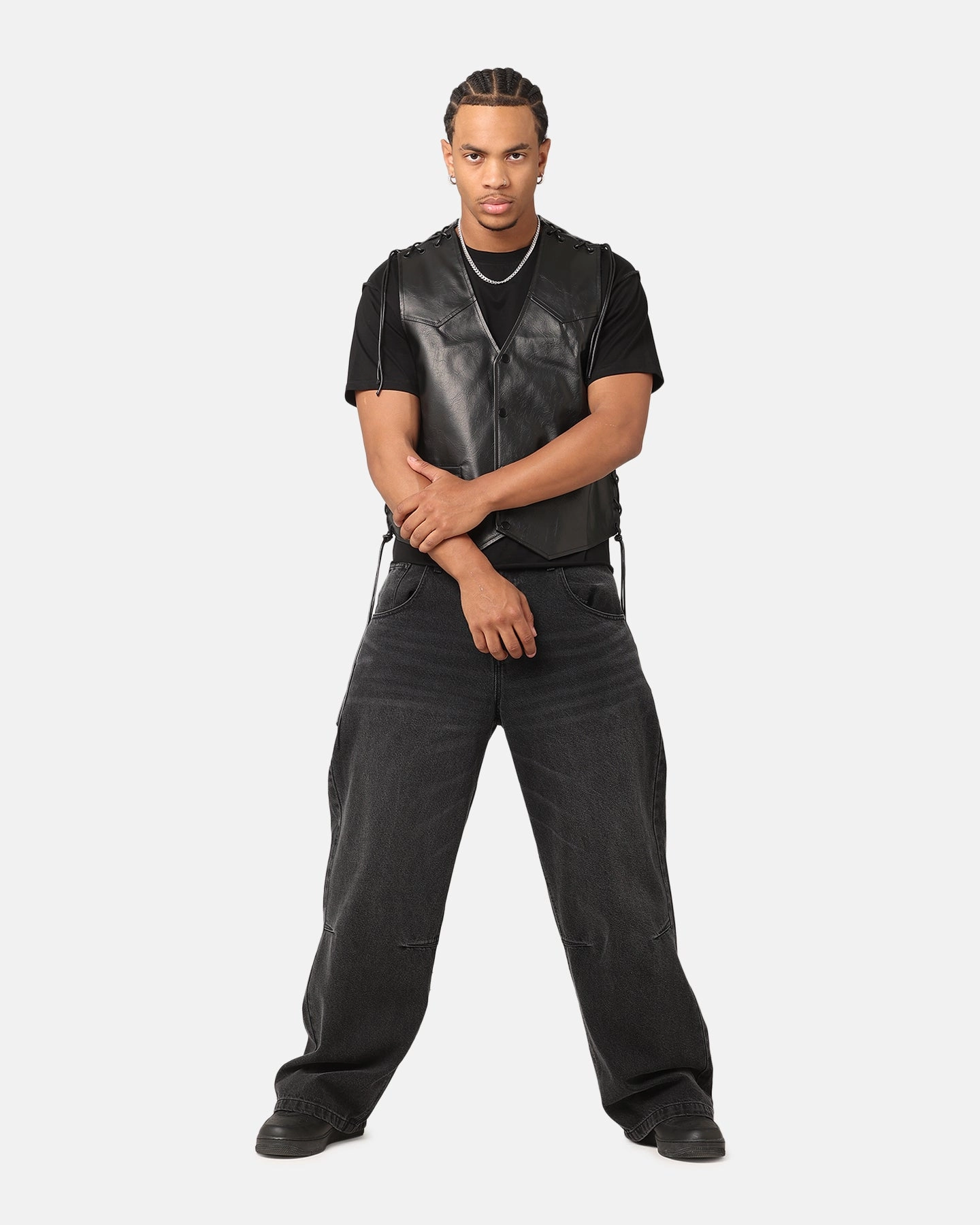 XXIII Tied Up PU Leather Vest Black Reinforced Hem SeamlessConstruction