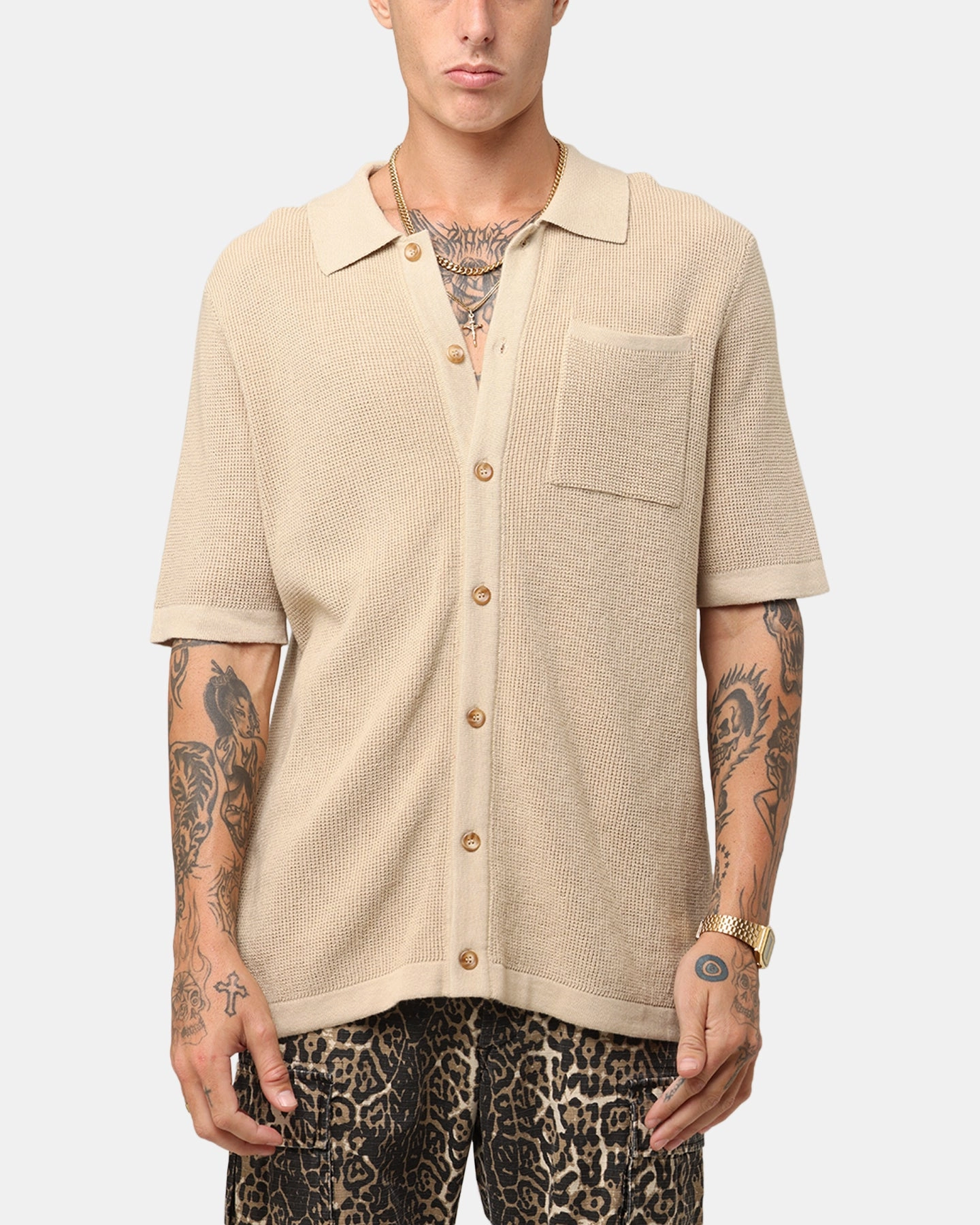 XXIII Zyair Knit Rib Button Up Shirt Tan Quick Dry Fabric