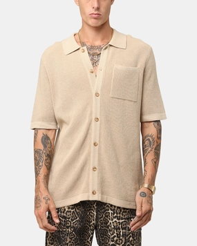 XXIII Zyair Knit Rib Button Up Shirt Tan Quick Dry Fabric