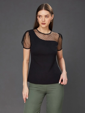 Drop Shoulder Ribbed Trims Crease Ease Women's Black Solid Round Neck Short Sleeve Relaxed Fit Regular Top