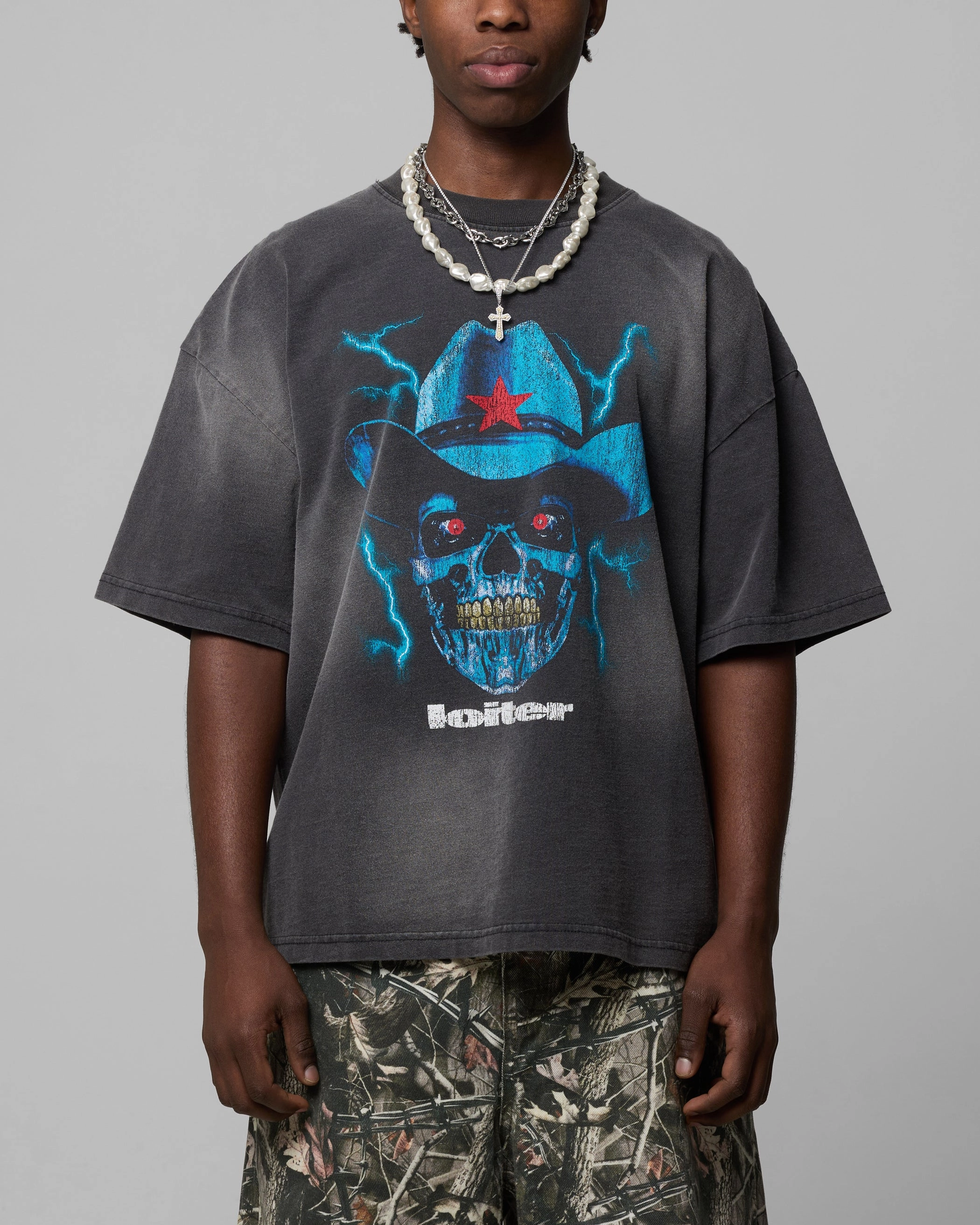 Loiter Chrome Cowboy T-Shirt Vintage Charcoal Tear Resistant Weave