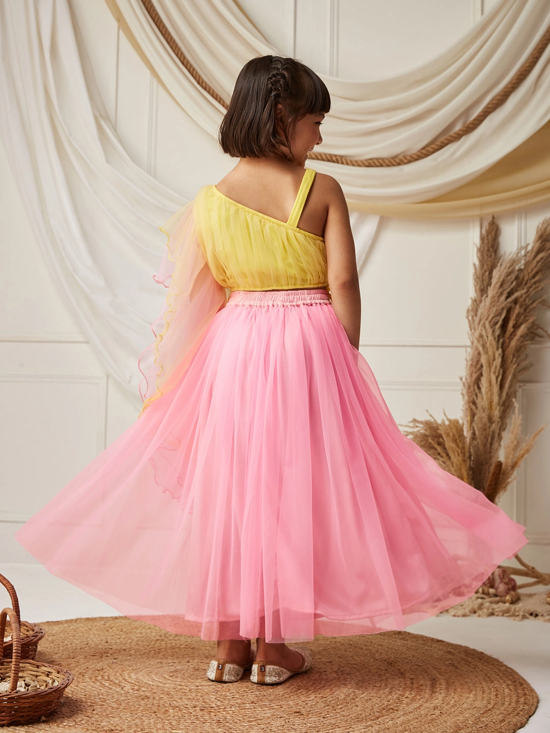 Yellow & Pink One Shoulder Ruffled Solid Tie-Up Midi Dress Chic Silhouette Comfortable Waist Design