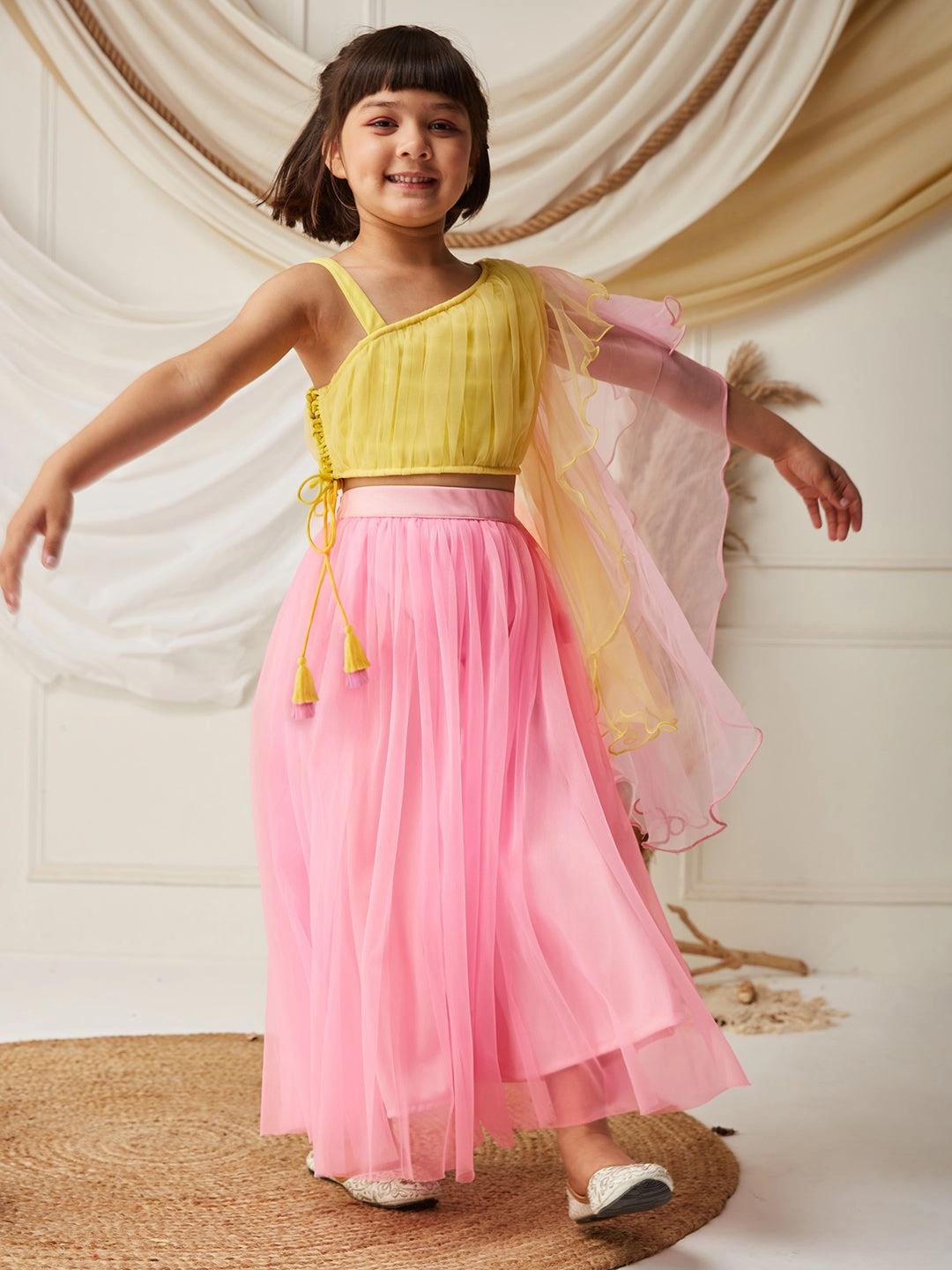 Yellow & Pink One Shoulder Ruffled Solid Tie-Up Midi Dress Simple Shape