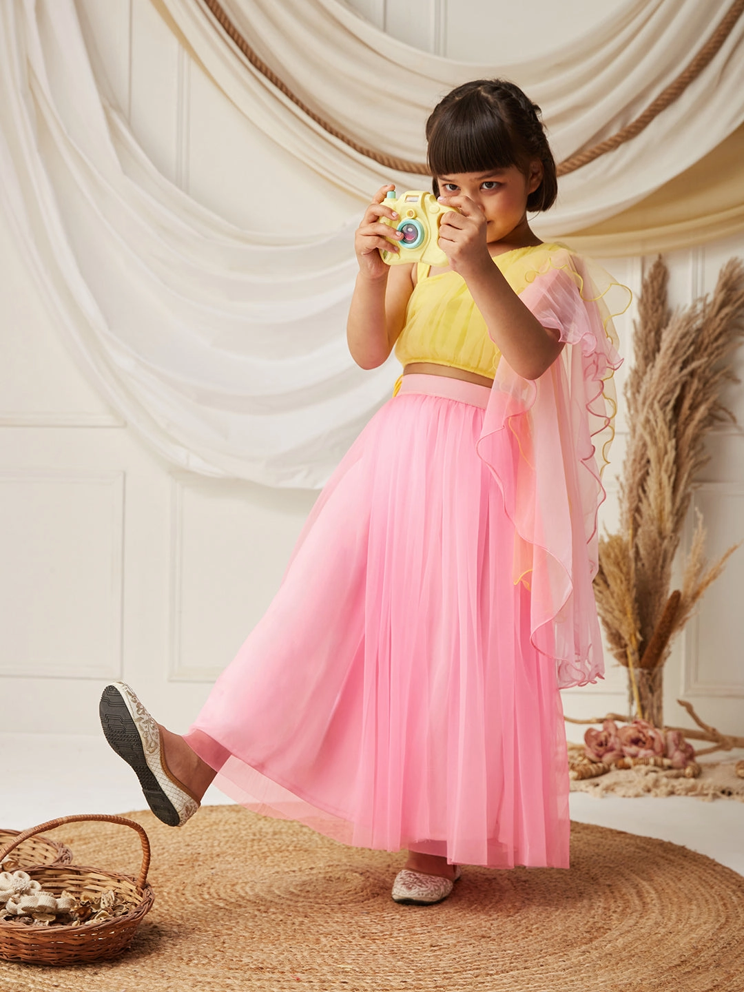 Wide Swing Street Style Yellow & Pink One Shoulder Ruffled Solid Tie-Up Midi Dress