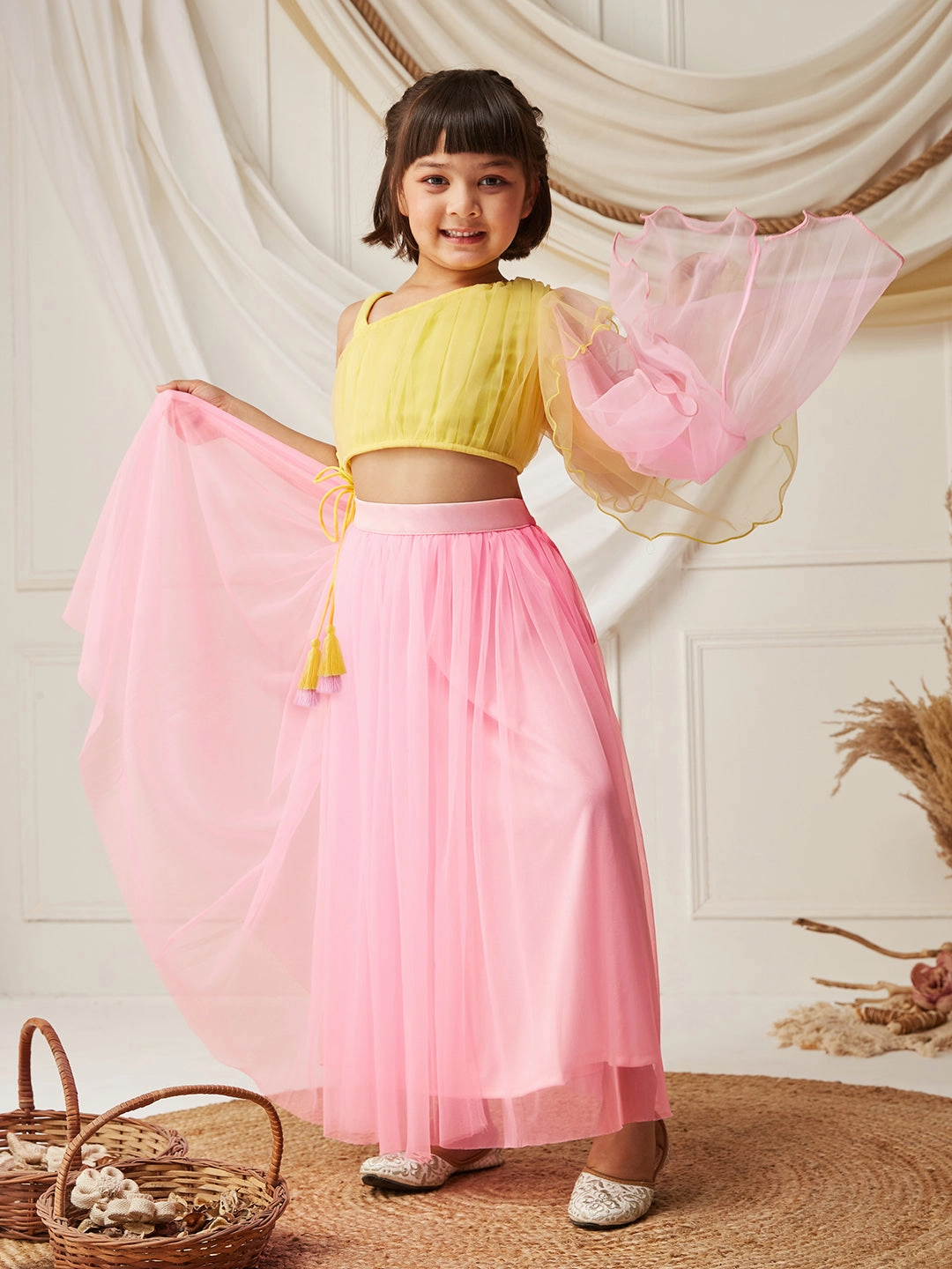 Yellow & Pink One Shoulder Ruffled Solid Tie-Up Midi Dress Subtle Glam