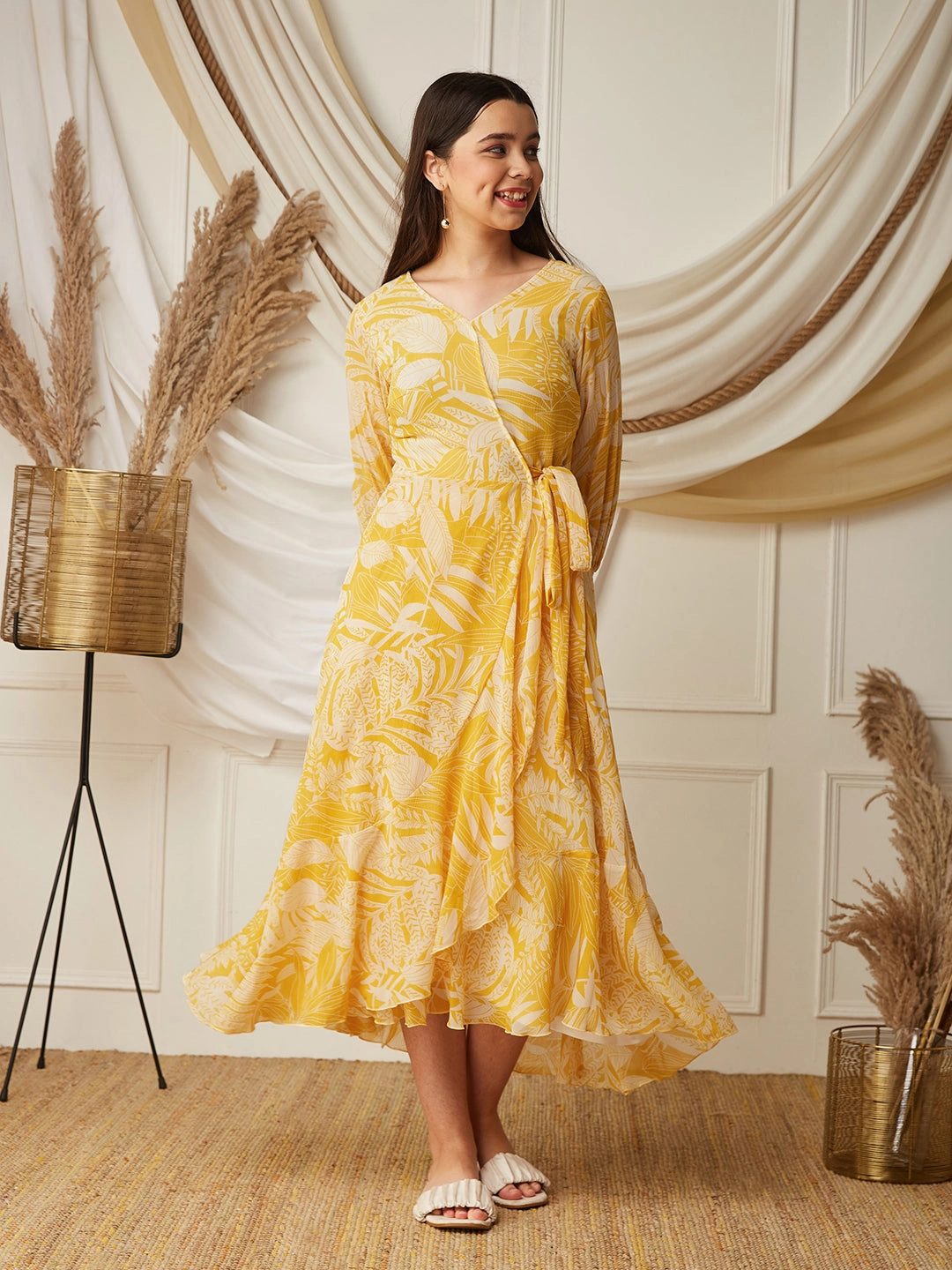Dew Glow Yellow & White V neck Full sleeve Floral Layered Maxi Dress