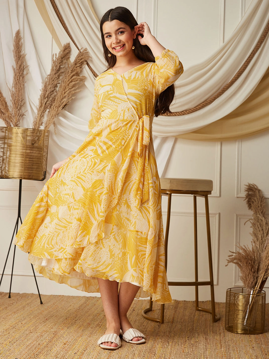 Yellow & White V neck Full sleeve Floral Layered Maxi Dress Structured-Shape Midnight Mood