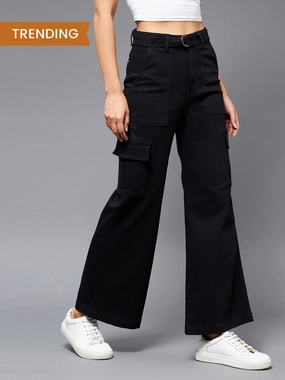 Perfect Length Design 24/7 Comfort Black Wide-Leg Cargo High-Rise Stretchable Denim Jeans
