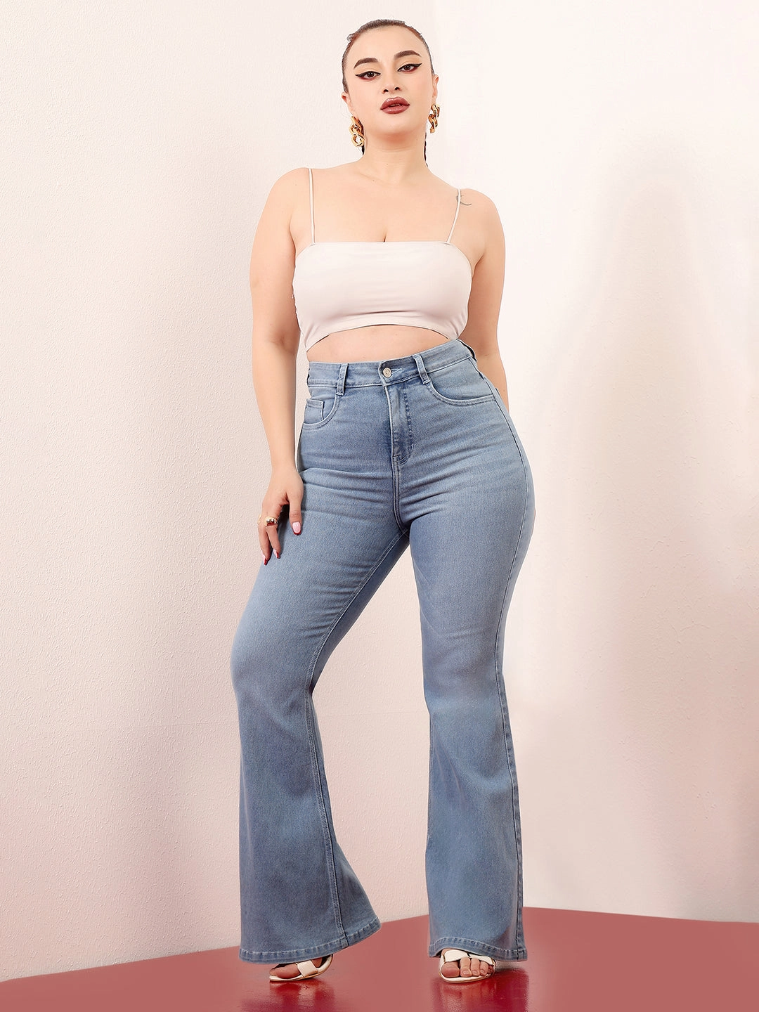 CHASEshape? Women's Light Blue High-Rise Clean-Look Stretchable Denim Bootcut Shaping Jeans Outfit Vibe Flex Knit Waist Panel