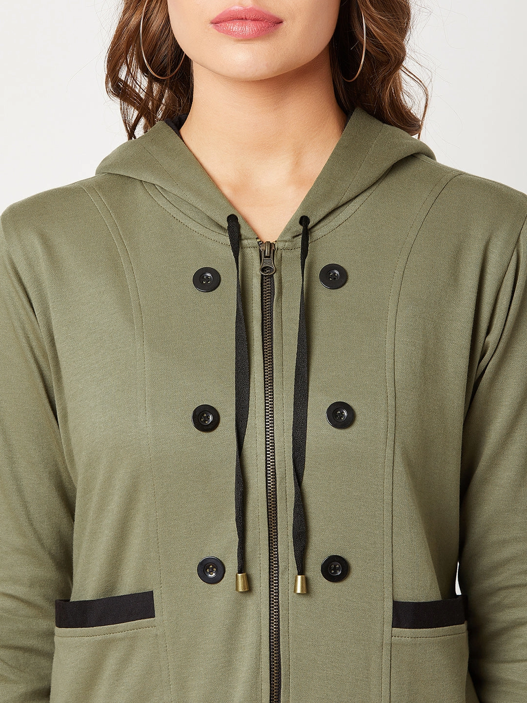 Lightweight Lining Women's Olive Green Hooded Full Sleeves Solid Drawstring and Eyelet Detailing Regular Length Jacket
