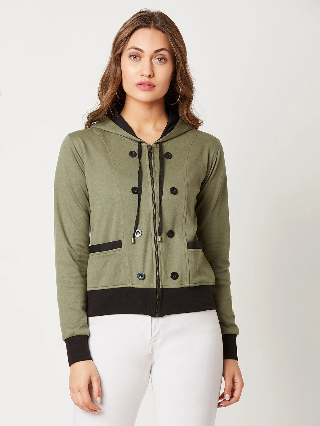 Women's Olive Green Hooded Full Sleeves Solid Drawstring and Eyelet Detailing Regular Length Jacket Down Stuffed
