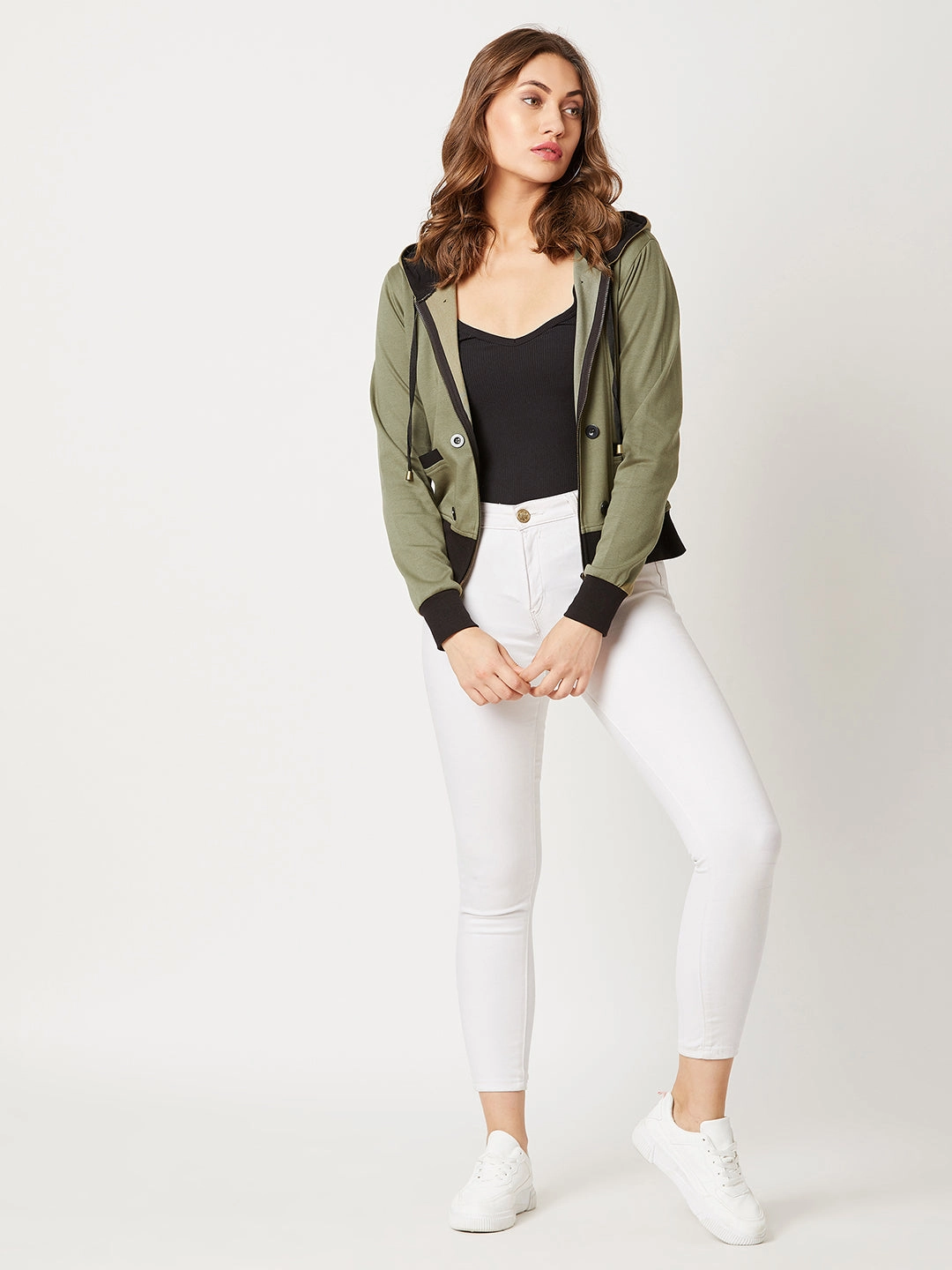 Water Resistant Fabric Waist Belt Women's Olive Green Hooded Full Sleeves Solid Drawstring and Eyelet Detailing Regular Length Jacket