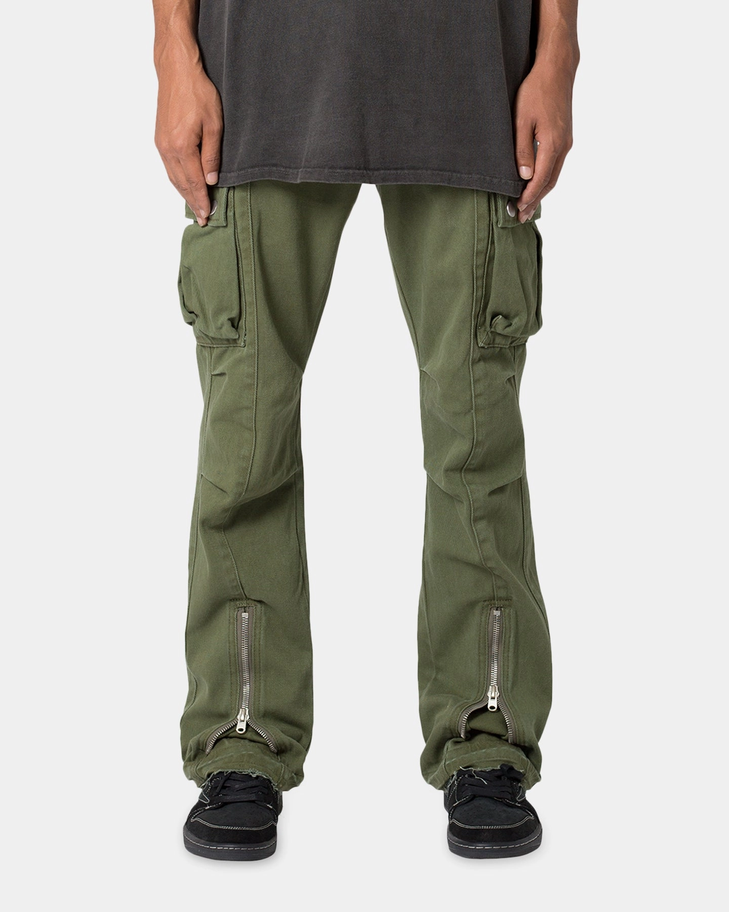 Plus-size option MNML Front Zip Flare Cargo Pants Olive