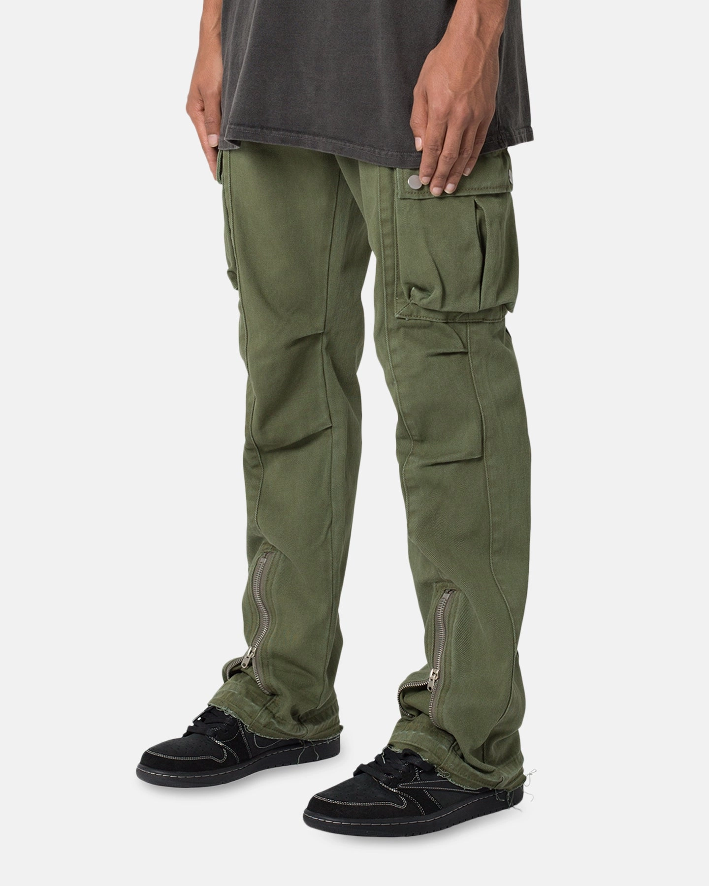 WrinkleFreeFinish Perfectly Fit MNML Front Zip Flare Cargo Pants Olive