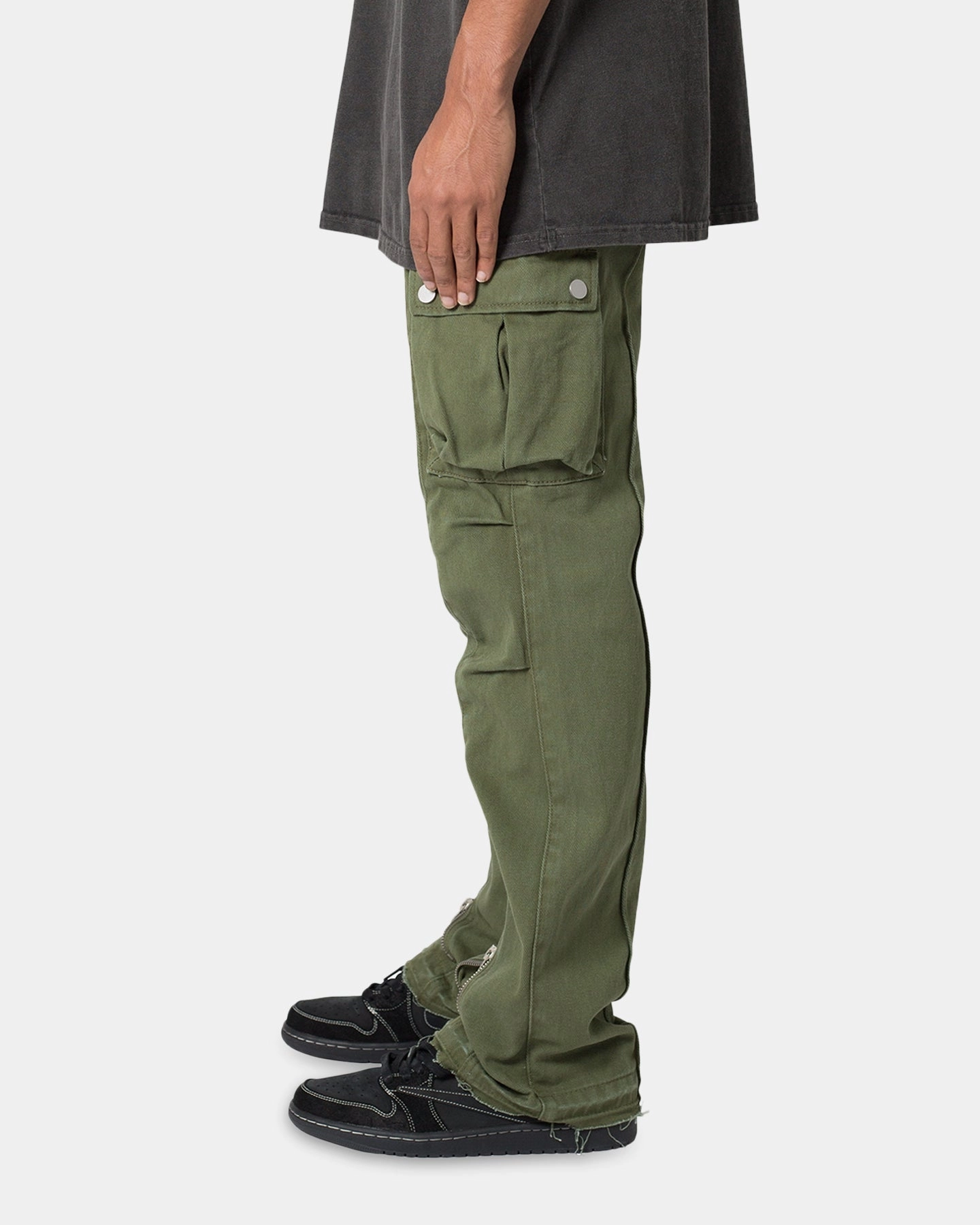 Cozy Stretch Fit MNML Front Zip Flare Cargo Pants Olive