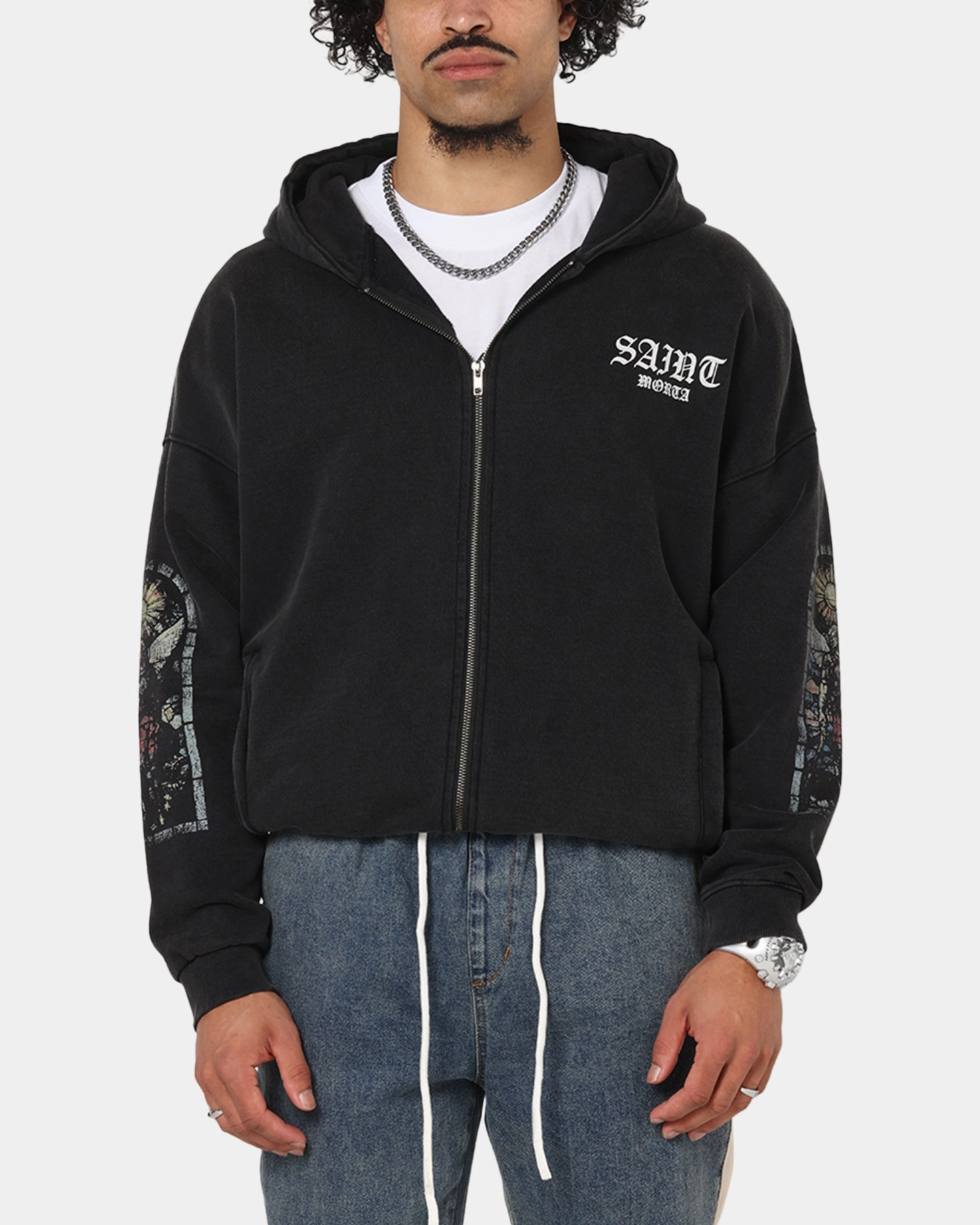 Saint Morta Kingdomcome Boxy Zip Hoodie Black Hypoallergenic Inner Layer