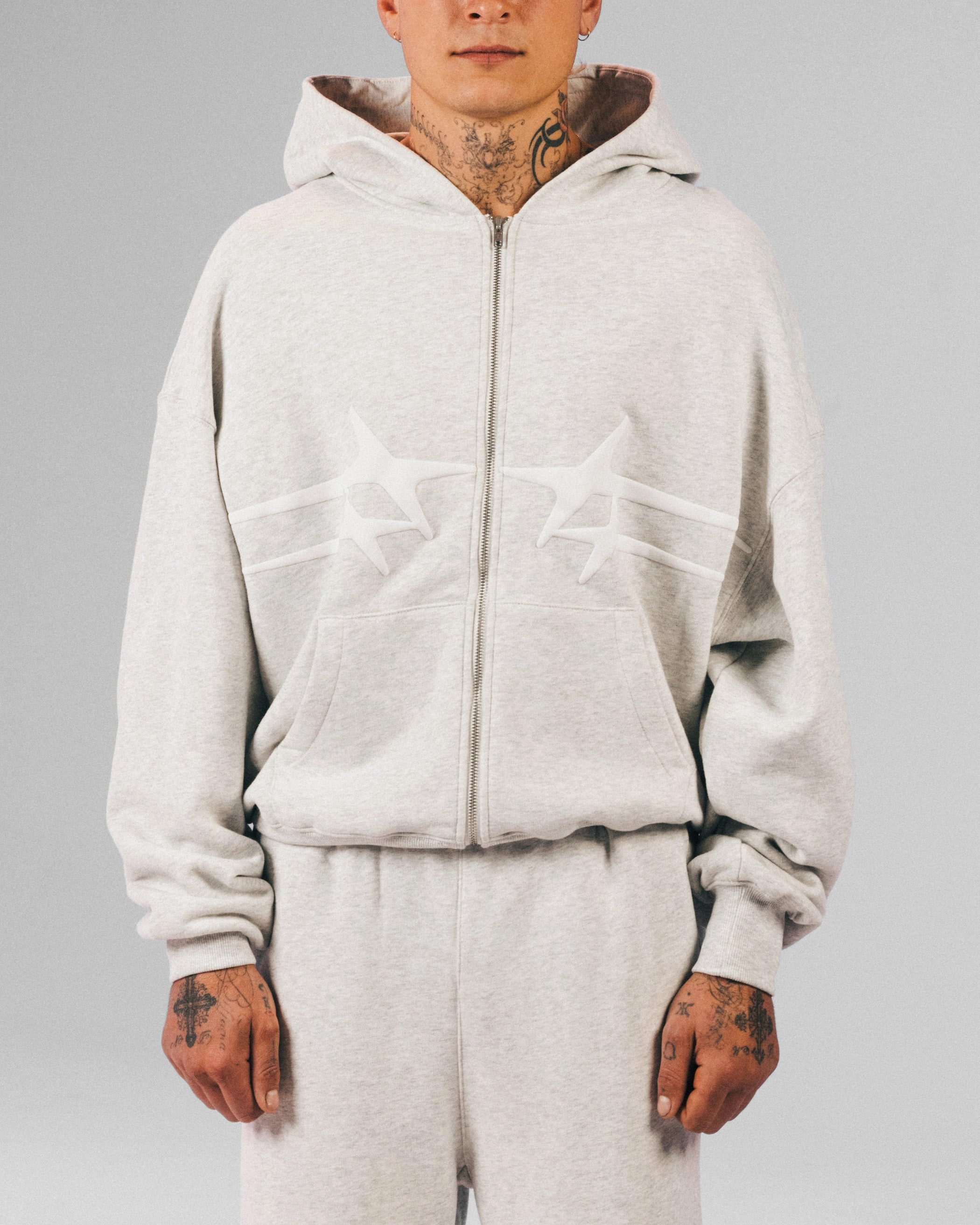 Loiter Celestial Full Zip Hoodie Light Grey Marl Contrast Stitch Detail