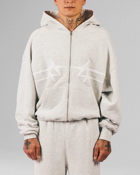 Loiter Celestial Full Zip Hoodie Light Grey Marl Contrast Stitch Detail